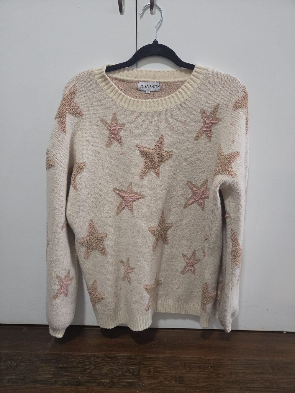 Cream Crewneck Sweater with Pink Star Accents